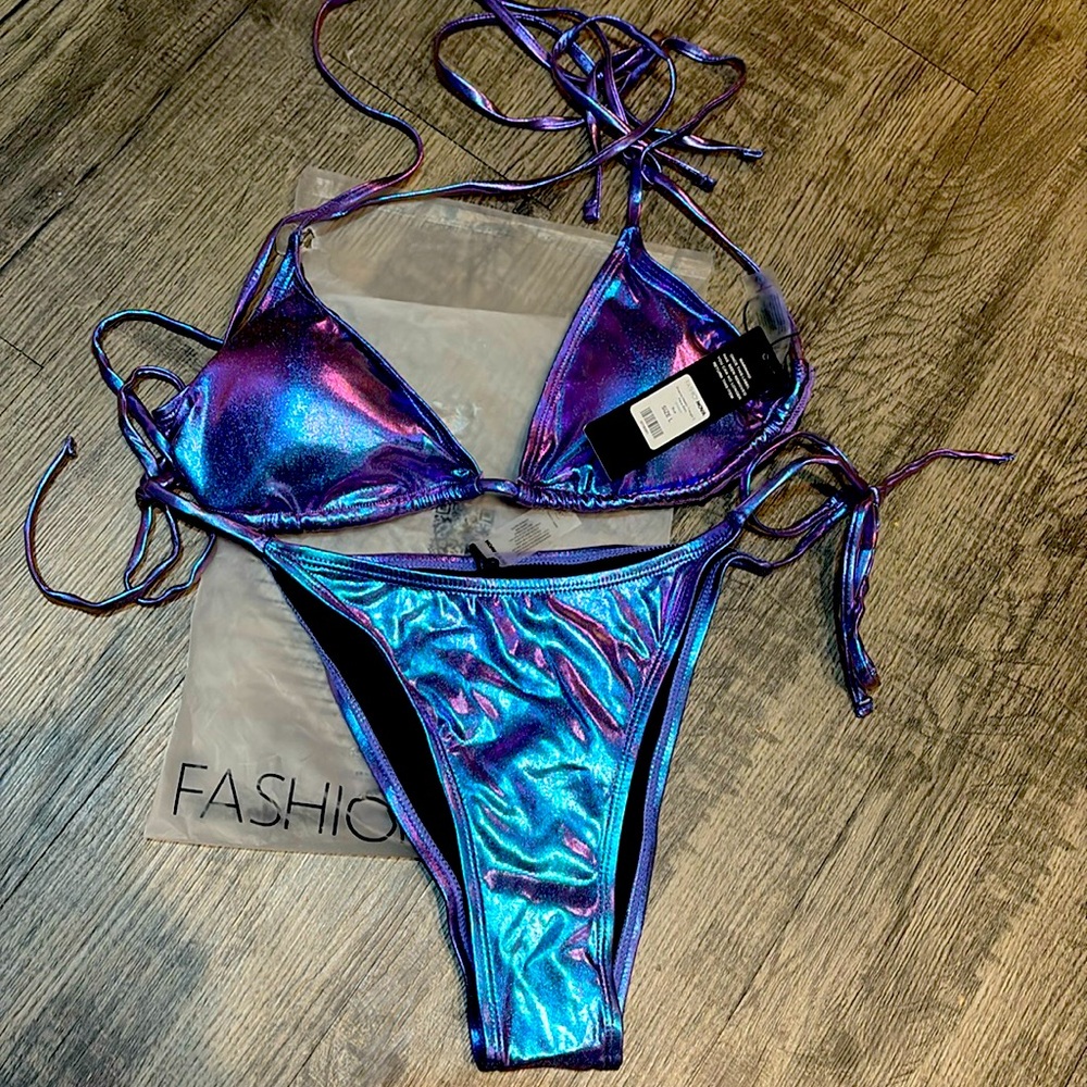 Fashion nova, Rihanna metallic triangle two-piece bikini, blue